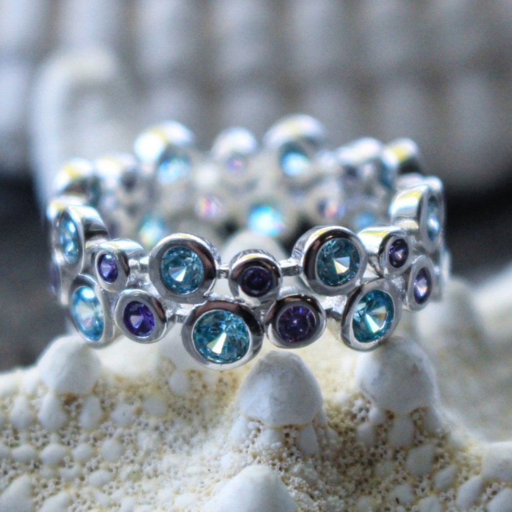925 Sterling Silver Blue/Purple Gems Double Ring - Picture 2 of 6
